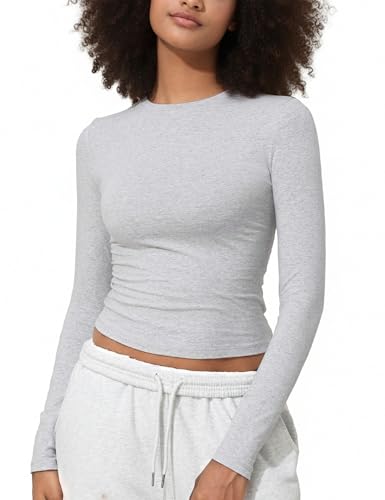 PrettyGuide Women's Cotton Jersey Long Sleeve Shirts Tight Fit Crewneck Crop Tops Basic Fall Going Out Y2K Tops