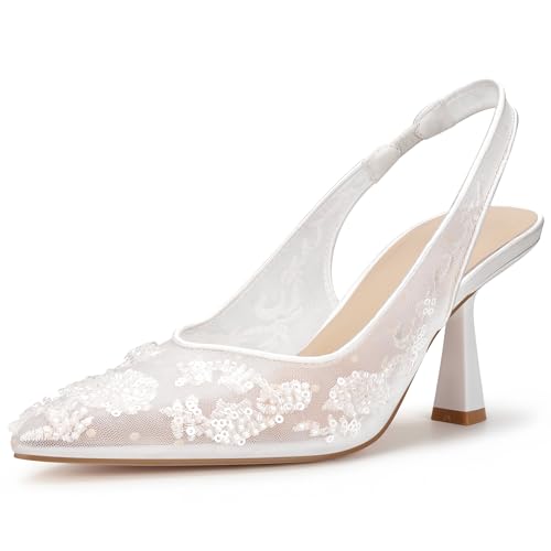 Viciously Vixen Women’s Wedding Shoes for Bride, 2.5 Inch Kitten Heels, Slingback Pumps, Rhinestone and Embroidered Bridal Heels, Elegant Dress Shoes for Evening and Parties, White Embroidery, 9