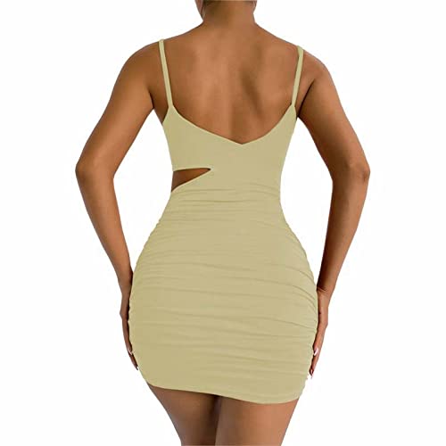 Lnmuld Dress For Women Elegant Casual Women's Bodycon Sleeveless Deep V Neck Summer Dress Wrap Ruched Cocktail Party Mini Khaki #TOP3