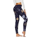 Generisch Thermo Leggings Damen Norweger Weihnachtsleggings Schneeflocke Druck High Waist Hose Thermo Yoga Hose Push Up Booty Workout Yoga Sport Fitnesshose Marineblau L