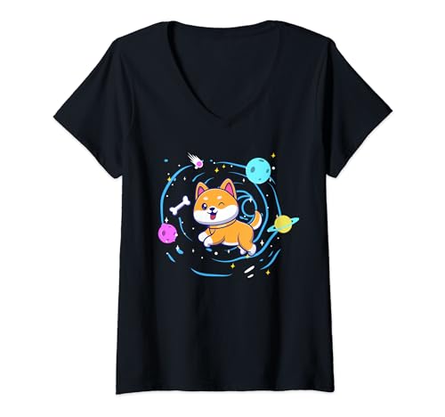 Lindo gato espacial Camiseta Cuello V