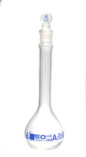 Volumetric Flask, 50ml - Class A, ASTM - Tolerance ±0.050 ml - Glass Stopper - Single, Blue Graduation - Eisco Labs