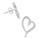 Jewelili Heart Diamond Stud Earrings for Women | 10K White Gold Minimalistic Dainty Earrings | Round Diamonds | Timeless Fashion Jewelry Gift for Her | Gift Box Included