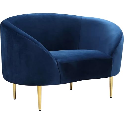 Image of Rosewood Luxury Curved Sofa in Premium Velvet-Fabric | Solid Wood Structure | High Density Foam | Sturdy Golden Legs | Comfortable & Stylish Couch for Modern Living Room (Navy Blue, 1 Seater)