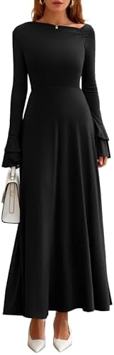 PRETTYGARDEN Womens Dresses Formal Off The Shoulder Long Sleeve Ruched Knit A-Line Maxi Wedding Guest Dress Fall Clothes