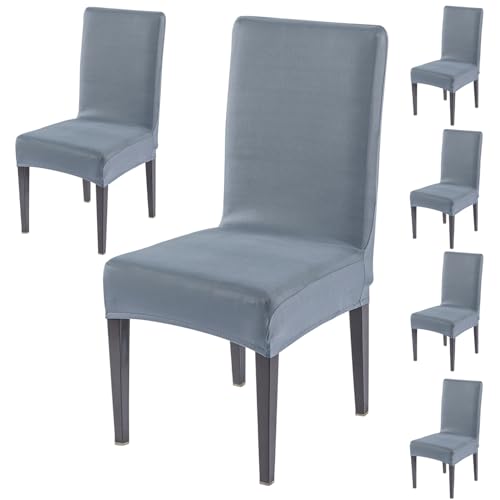 Image of HOKIPO 'SereneSolids' 140 GSM Polyester Blend Dining Chair Cover Set of 6, Smokey Grey (AR-6246-SGRY)