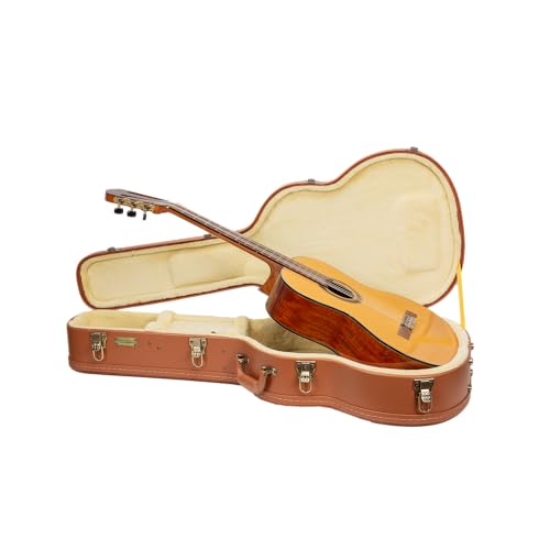 Crossrock Étui en bois pour guitare classique 4/4 | Finition sculptée Red Wood, intérieur ivoire, serrure – Premium Wooden Hardshell Relief Series