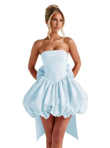 Strapless Satin Homecoming Dresses with Bow A Line Short Prom Dress Mini Puffy Cocktail Party Dresss AS04