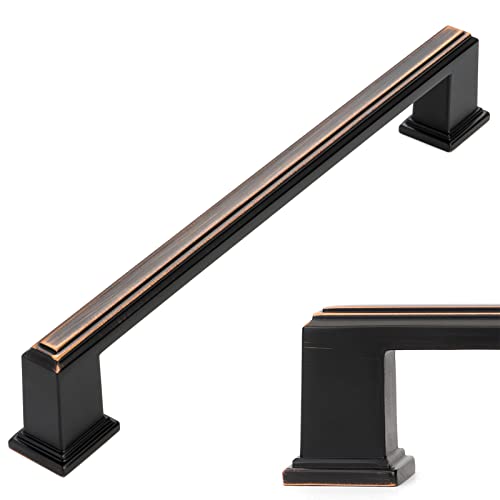 KOOFIZO Tirador de barra escalonada para gabinete, mango de bronce aceitado para muebles, espaciado de tornillos de 6.3 pulgadas/160 mm, paquete de 10 unidades para puerta de armario de cocina, cajón