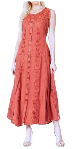 Image of Sakkas Maya Floral Embroidered Sleeveless Button Up Rayon Dress