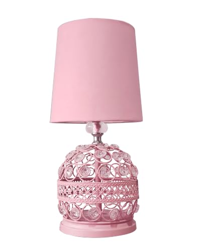 Image of Homesake Modern Small Crystal Table Lamp, Contemporary Bedroom Bedside Nightstand Lamp, Morden Minimalist, Desk Globe Lamp for Living Room Girls Kids Room, Fabric Shade (Pink)