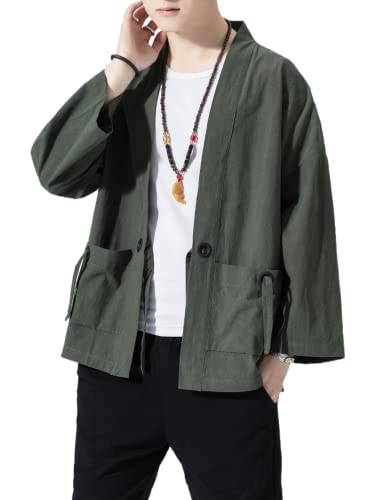 Image of Men's Japanese Kimono Cardigan Loose Cotton Linen 3 /4 Sleeve Open Front Casual Summer Shirt Jackets