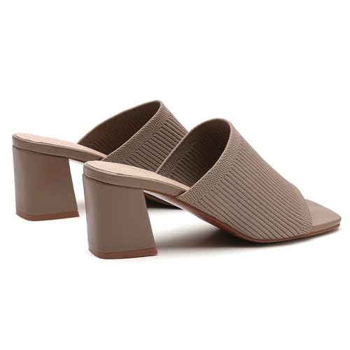 Image of Tilocow Knit Heeled Sandals for Women Square Open Toe Heeled Mules Chunky Block Low Heel Slip On Slides
