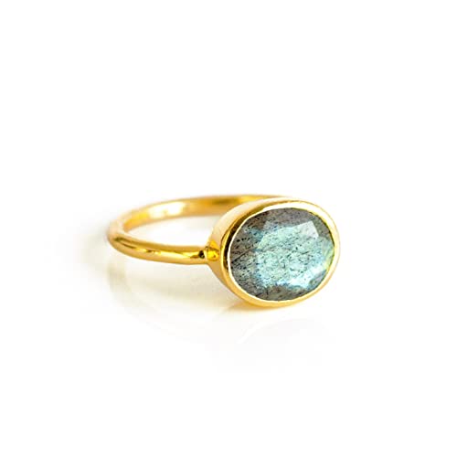 Oval Birthstone Ring Bezel Set In Vermeil Gold, Sterling Silver, Or Rose Gold, Stacking Birthstone Ring [Romb] (Labradorite) #TOP13