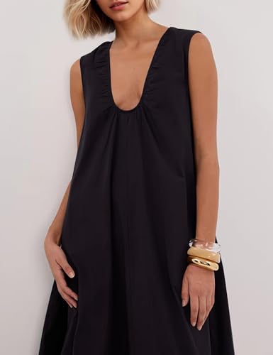 Image of Women Flowy Maxi Dress Ruched Sleeveless Long Dress Vacation Fashion Summer Casual Loose Fit Sundress with Pockets
