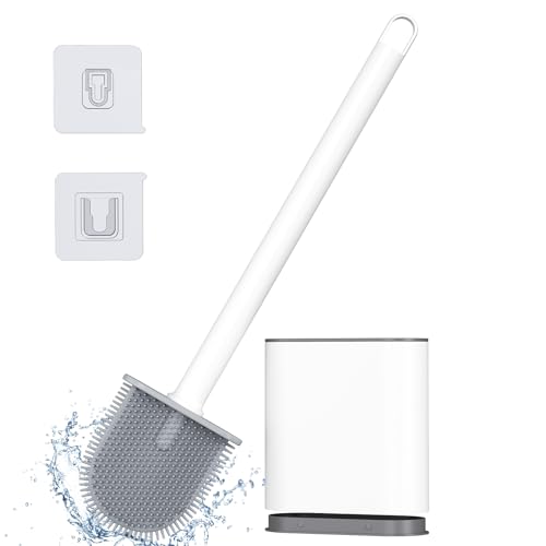 Alyvisun Brosse WC Silicone, Brosse Toilettes WC Suspendu en Silicone, Ensemble de Balayette WC à Séchage Rapide avec Long Manche, Balai WC Montage Mural/au...