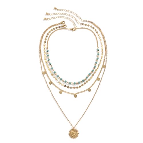 Gold Layered Necklace for Women Summer Boho Layered Stacked Pendant Necklace Country Concert Necklace Turquoise Coin Long Necklace