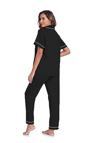 Image of COLORFULLEAF Women's 100% Cotton Pajamas Set Button Down Sleepwear Short Sleeve Shirt and Long Pants Soft Ladies Lounge Sets