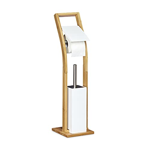Relaxdays 10020321 Ensemble Porte brosse WC et distributeur papier toilettes en bois bambou dérouleur rouleau papier cabinet avec support brosse amovible,...
