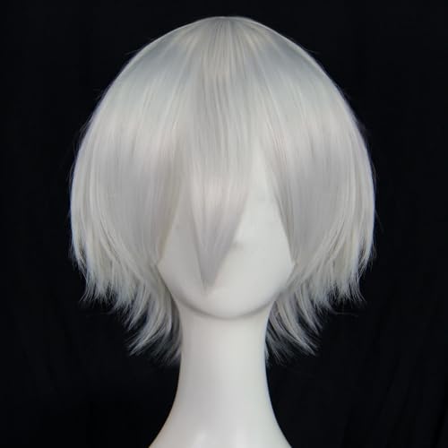 BEKIDER+1 Hair Cap Short White Wig for Men White Wavy Wig with Bangs for Halloween Christmas Event Costume Party