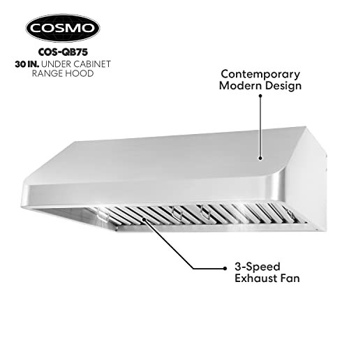 Cosmo Cos-Qb75 Under Cabinet 30 In. Range Hood With Push Button Controls, Permanent Filters, Led Lights, Convertible From Ducted To Ductless (Kit Not Included) In Stainless Steel (30 Inch) #TOP7