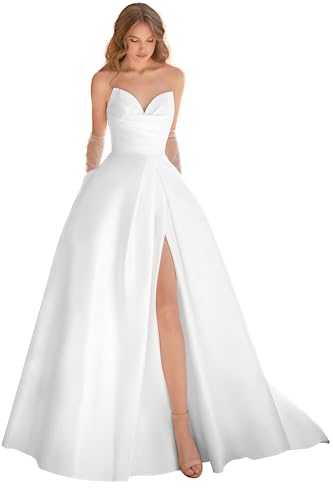 Wedding Dresses for Bride 2025 Strapless Satin Bridal Gown with Slit V Neck Backless Wedding Gowns with Train