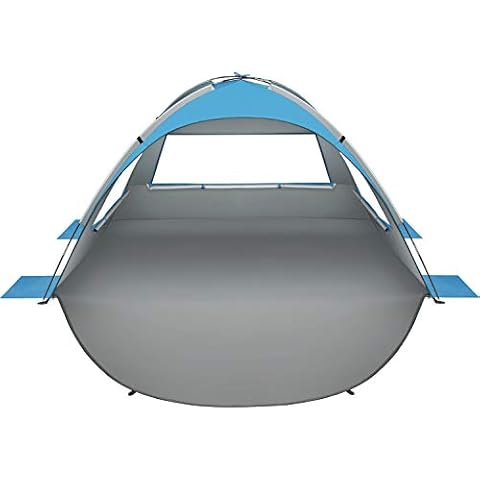 Oileus Beach Tent 2-3 Person Portable Sun Shade Shelter UV Protection, Extended Floor Ventilating Mesh Roll Up Windows Carrying Bag Stakes 6 Sand Pockets Fishing Hiking Camping,Blue Cover