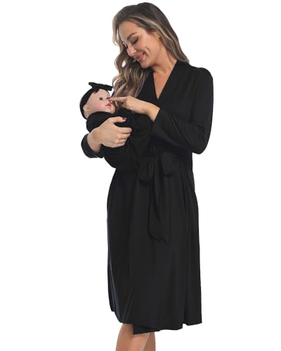 Image of WINROLA Maternity Robe with Matching Swaddle Set Girls Boys, Mommy Me Robe Set Soft Elastic Women Robes