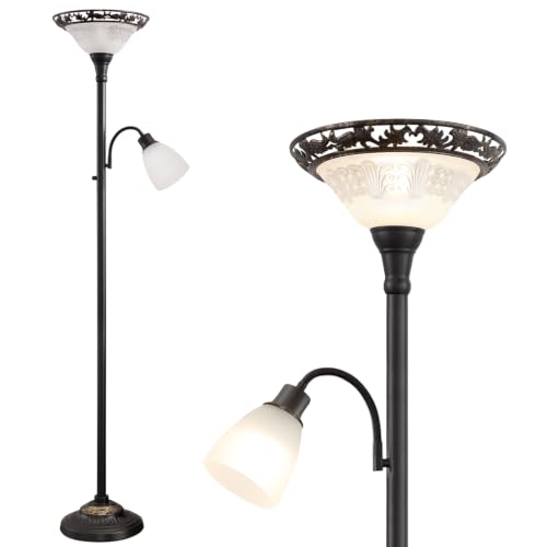 Etched Glass Torchiere with Gooseneck Light