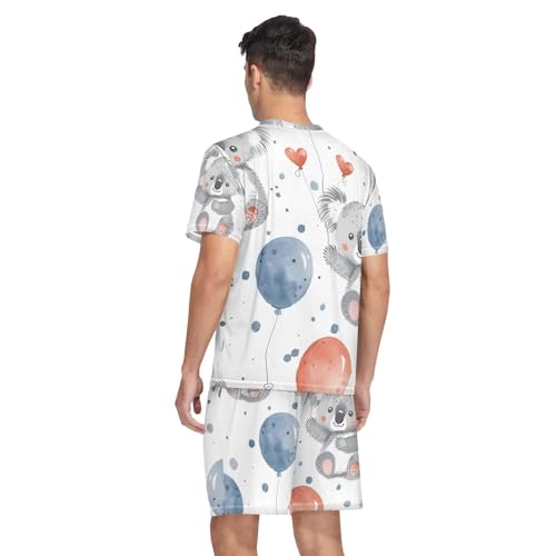Men's Pajama Set Cartoon Koalas and Balloons Short Sleeve with Shorts Pockets Sleepwear Set Summer Loungewear2