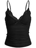 GORGLITTER Damskie ramiączka typu spaghetti Y2k Camisole Top Crop Top z dekoltem w serek z kontrastową koronką, czarny, S