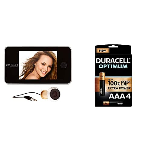 prsTECH DC2 Digitaler Türspion, Silber + Duracell NEU Optimum AAA Micro Alkaline Batterien, 1.5V LR03 MX2400, 4er-Pack Cover