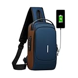 Mochila Transversal Masculina Mochila Feminina Unissex com cadeado à prova d'água anti-roubo bolsa com porta de carregamento USB bolsa de ombro Impermeável Acabamento Premium - Steel Hook (Azul)