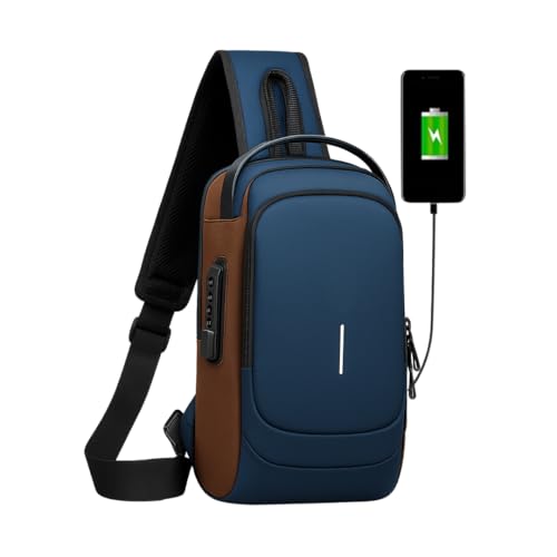 Mochila Transversal Masculina Mochila Feminina Unissex com cadeado à prova d'água anti-roubo bolsa com porta de carregamento USB bolsa de ombro Impermeável Acabamento Premium - Steel Hook (Azul)