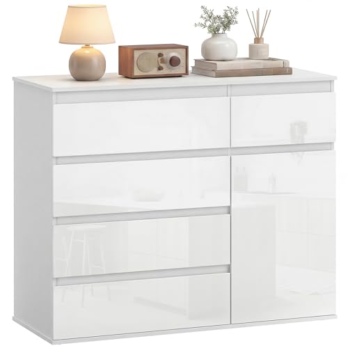 HOMCOM Aparador con 5 Cajones, Aparador de Salón con Estantes Ajustables, Puerta de Cierre Suave, para Cocina, Entrada, Dormitorio, Blanco Brillo, 100x40x80 cm