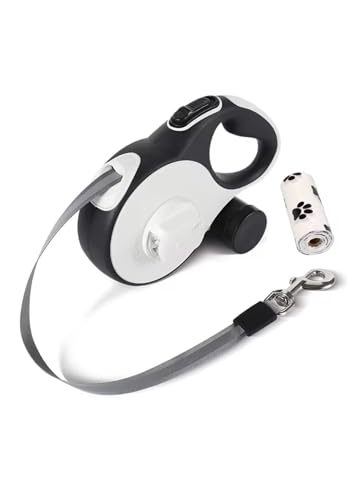 Retractable Dog Leash with LED Light, Poop Bag Dispenser with Bags, 16ft Leash, Anti-Slip Handle, Tangle-Free 360° Rotation, One-Button Brake & Lock, Reflective Dog Leashes