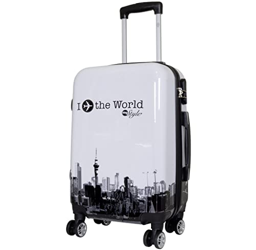 Trendyshop365 Handgepäckkoffer Motiv Flugzeug mit Skyline 56 cm 36 Liter 4 Räder Weiß Zahlenschloss