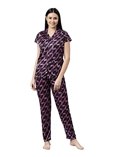 Image of LOODY'S Women's Abstract Print Night Dress | Women Satin Night Suit |Top and Pyjama Set for Girls