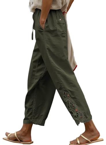 Women Casual Lightweight Drawstring Elastic Waist Cropped Linen Pants Fall Spring Slacks Capri Pants Trendy Fashion 2025 Beach Trousers with Pockets Green X-Large