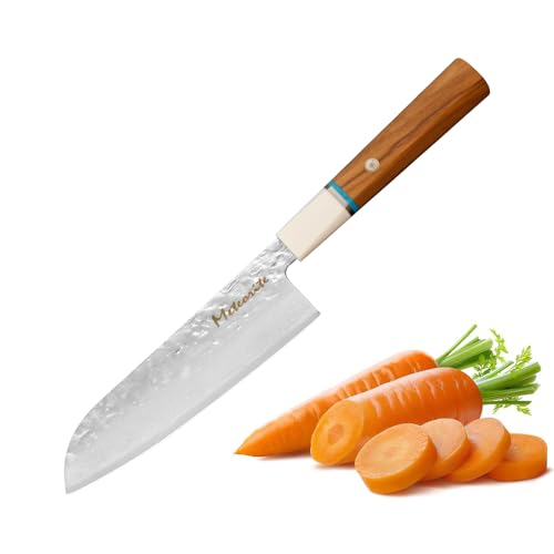 Santoku Knife 7in, Damascus Japanese Chef Knife, Professional Hand Forged Chef's Knives for Kitchen Cooking Meat Cleaver, Cutting Vegetables and Fruit, Razor-Sharp Chef's Knife with Gift Box, Silver