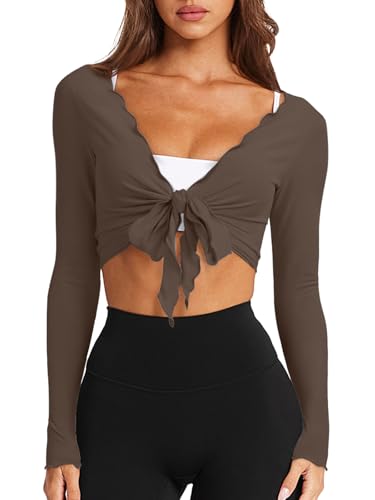LASLULU Womens Tie Front Pilates Wrap Tops Long Sleeve Bolero Shrugs Crop Cardigan Yoga Ballet Cover up Tops Pilates Outfits (Coffee, X-Large)