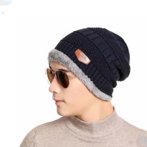 Gorro masculino de tricô de inverno com forro de lã grossa felpudo (Preto)