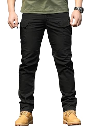 Image of Shasmi Black Mens Durable Comfy, Solid Color, Drawstring Waist, Casual Style, Breathable Fabric, Outdoor, Utility Multi-Pocket Design Cargo Trousers Pants for Men (MCargo 152)