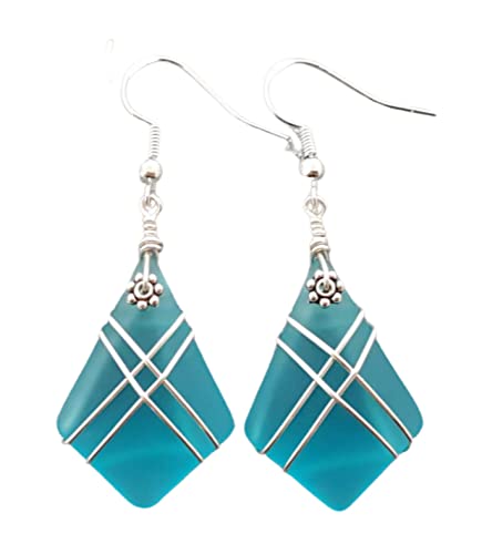 Yinahawaii Handmade Sea Glass Earrings, Hawaiian Jewelry, Wire Cross Earrings, Handmade Earrings Sea Glass Jewelry For Women Birthday Gift For Her (Turquoise Bay Blue - December)