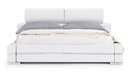 Zuri Hera Genuine White Leather Platform Bed With Adjustable Headrests - Queen #TOP5