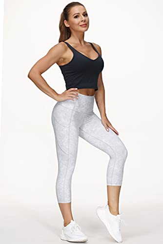 Image of THE GYM PEOPLE Thick High Waist Capris Yoga Pants with Pockets, Tummy Control Workout Running Yoga Leggings for Women