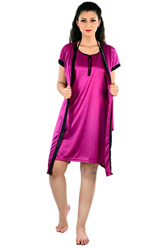Image of Women's Night Dress and Nighties Satin Nightwear 6pc Robe & Nighty Set (Robe, Nighty,Top,Shorts, Bra & Thong)