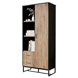 Modernes Highboard mit Schubladen und Tür – 3 offene Fächer und vielseitigem Stauraum – Holzoptik mit schwarzem Metallrahmen – Sideboard für Wohnzimmer Büro – Stauregal Schrank Vitrine Aktenschrank