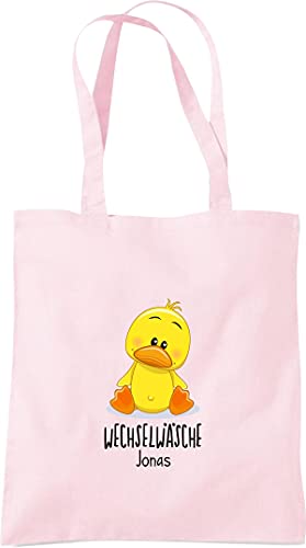 Shirtinstyle Stoffbeutel, Baumwolltasche lustige Tiere Ente, Wechselwäsche mit Wunschnamen, Einschulung, Kita, Schule, Kinder, Tiere Zoo Kindertag Familie, Farbe Pastelpink Cover