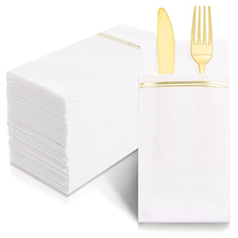 Nervure 100PCS Gold Paper Napkins with Built-in Flatware Pocket - White and Gold Prefolded Cloth Like Disposable Napkins - Heavy-duty Linen-Feel Dinner Napkins for Party & Wedding & Dinner Cover